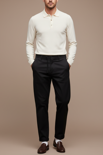 Pantalon Chino Noir Coton Tapered Décontracté Homme