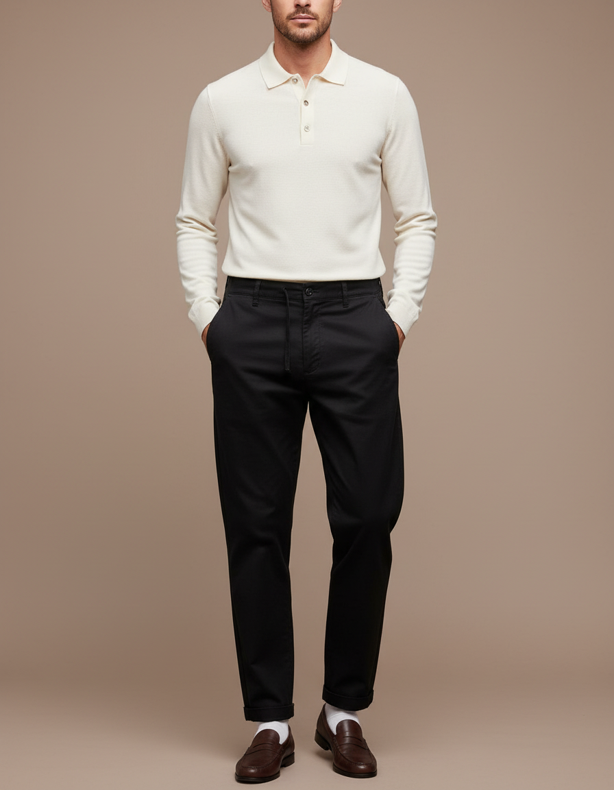 Pantalon Chino Noir Coton Tapered Décontracté Homme