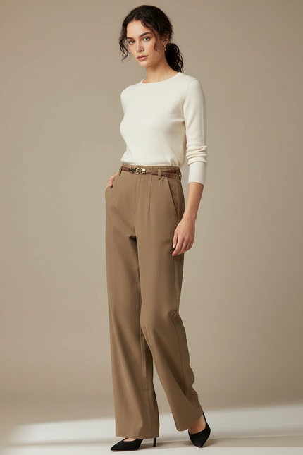 Pantalon Chino Marron Ample Fluide Élégant Femme - Polyester