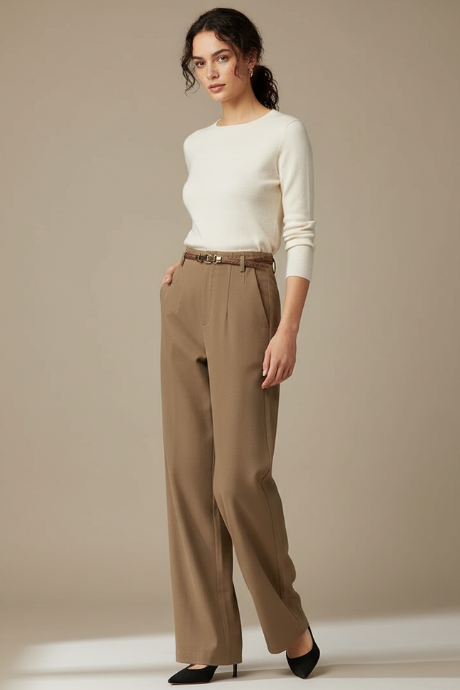 Pantalon Chino Marron Ample Fluide Élégant Femme - Polyester