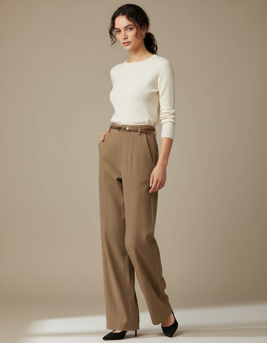 Pantalon Chino Marron Ample Fluide Élégant Femme - Polyester