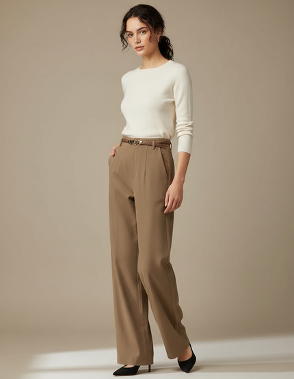 Pantalon Chino Marron Ample Fluide Élégant Femme - Polyester