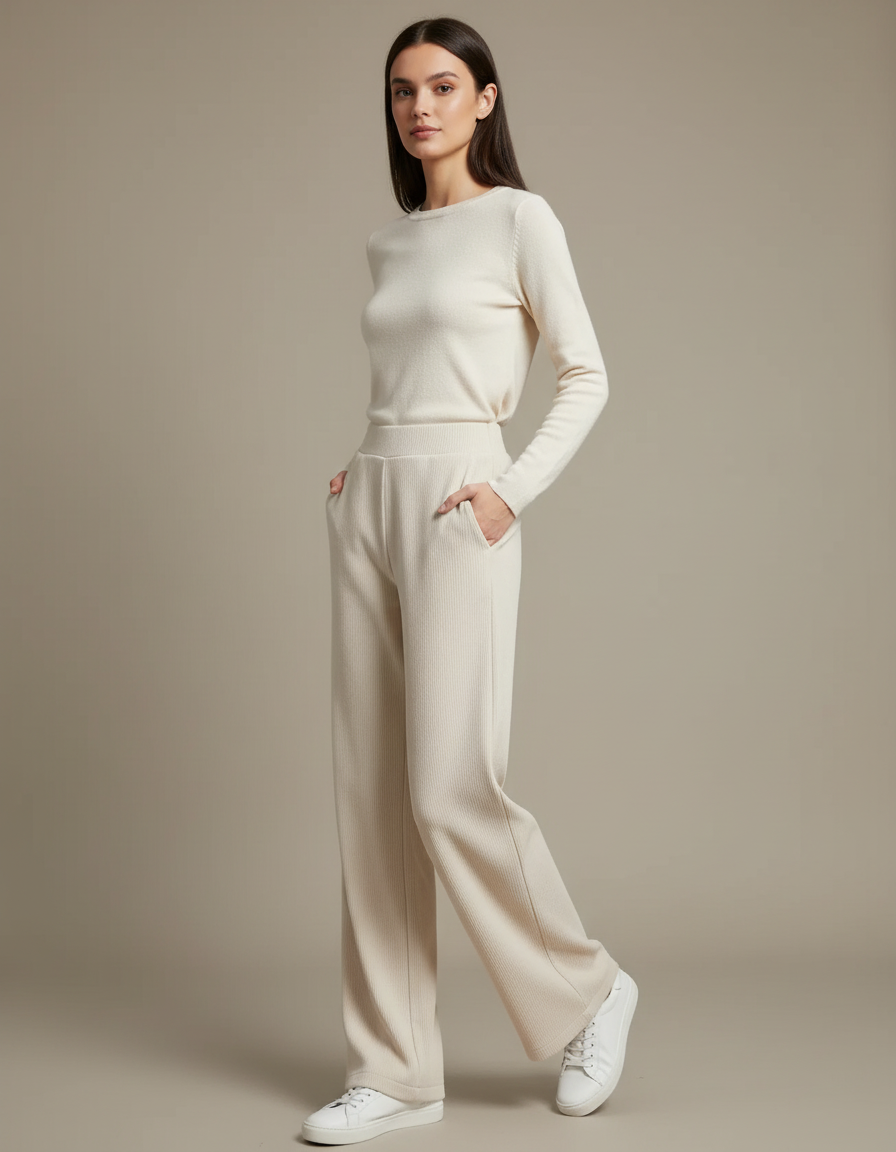 Pantalon Chino Écru Côtelé Ample Confortable Femme - Beige Cordé