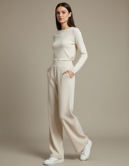 Pantalon Chino Écru Côtelé Ample Confortable Femme - Beige Cordé