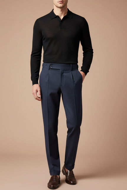 Pantalon Chino Bleu Marine Plissé Élégant Homme Rayé - Laine