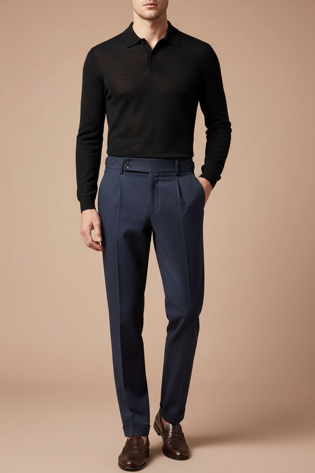 Pantalon Chino Bleu Marine Plissé Élégant Homme Rayé - Laine