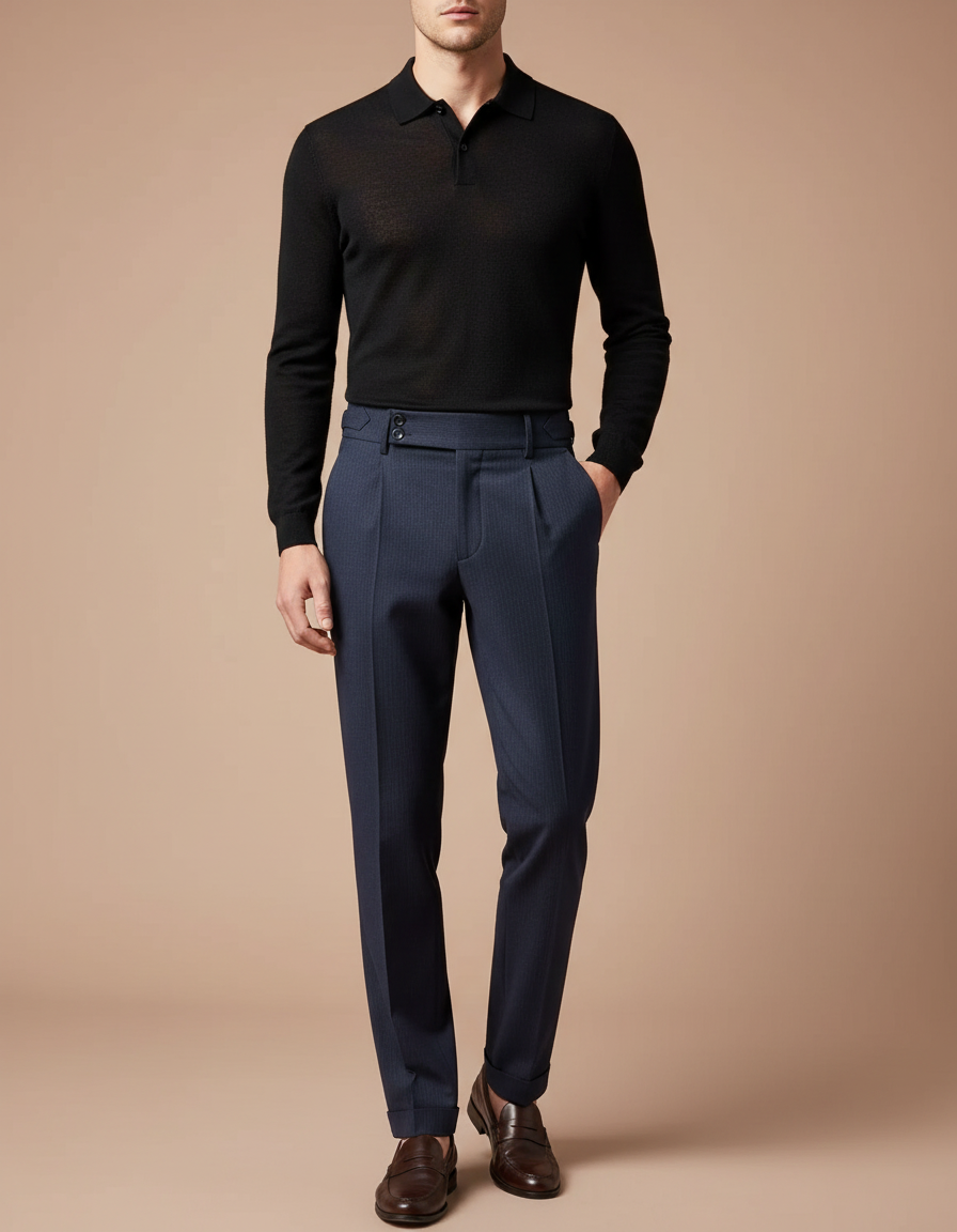 Pantalon Chino Bleu Marine Plissé Élégant Homme Rayé - Laine