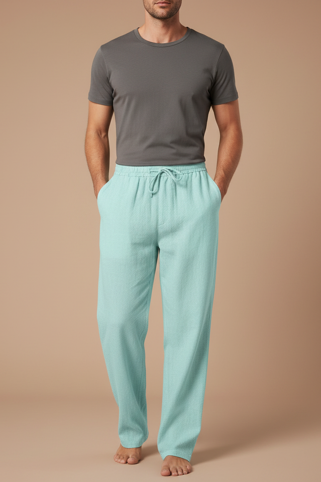 Pantalon Chino Vert Menthe Droit Cordon Décontracté Homme - Lin