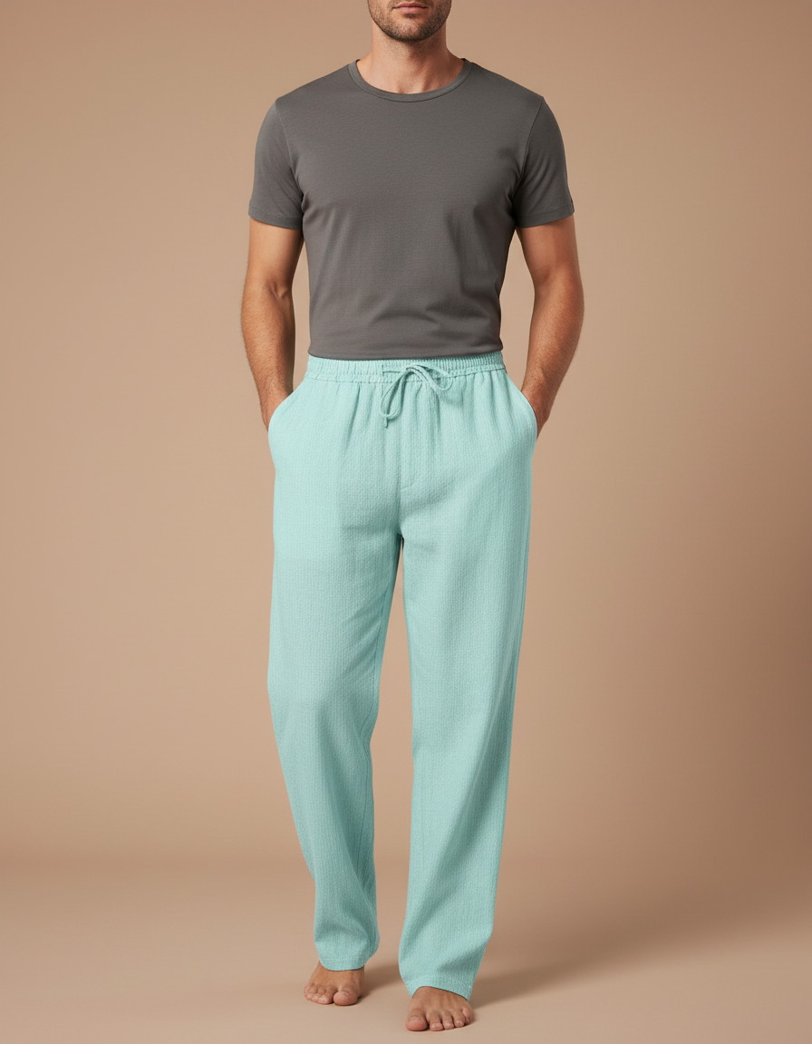 Pantalon Chino Vert Menthe Droit Cordon Décontracté Homme - Lin