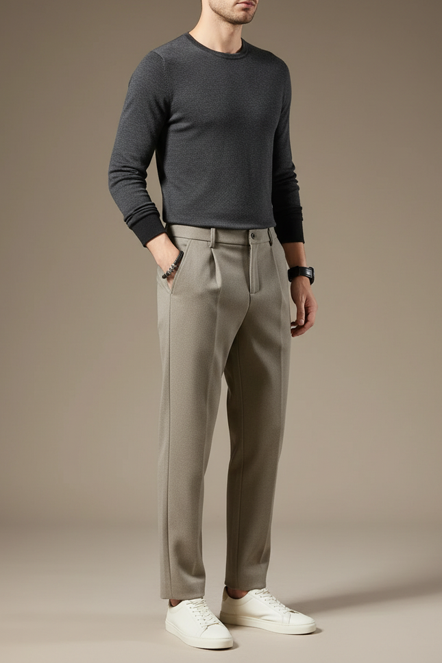 Pantalon Chino Gris Laine Plissé Droit Formel Homme - Kaki