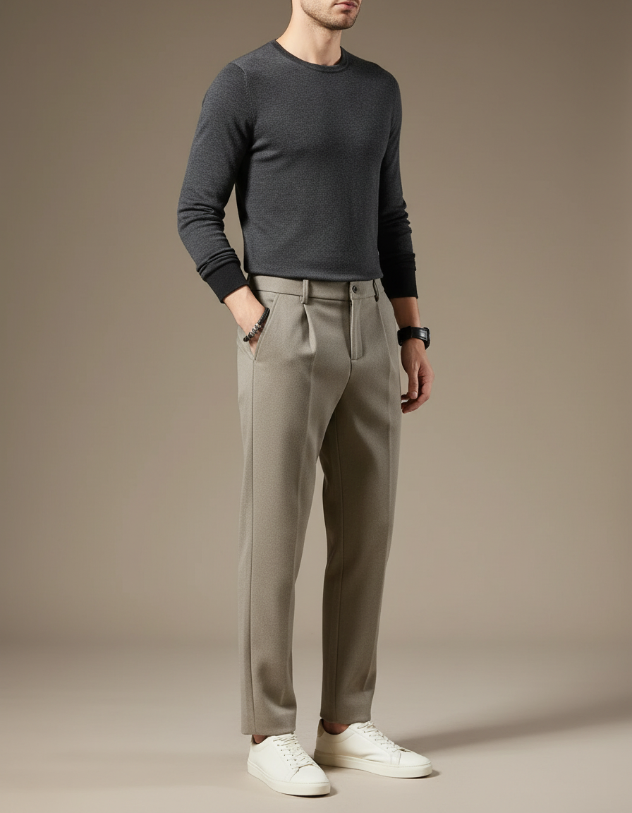 Pantalon Chino Gris Laine Plissé Droit Formel Homme - Kaki