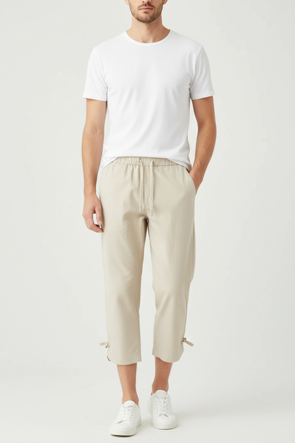 Pantalon Chino Beige Coton Décontracté Cordon Cheville