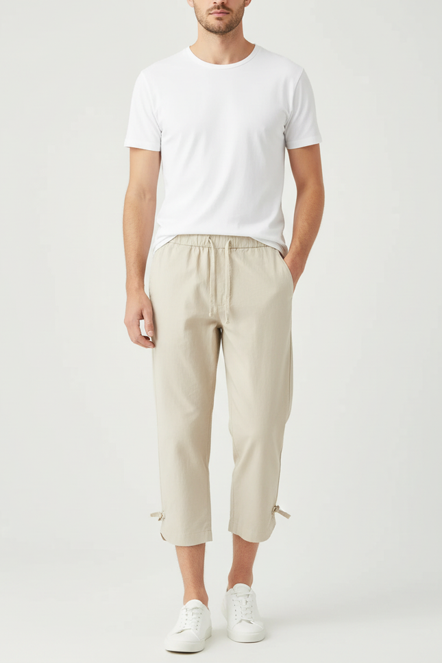 Pantalon Chino Beige Coton Décontracté Cordon Cheville