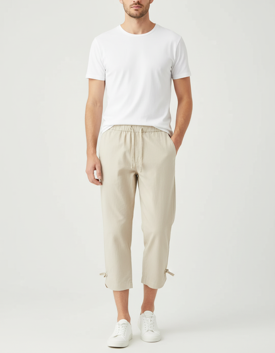 Pantalon Chino Beige Coton Décontracté Cordon Cheville