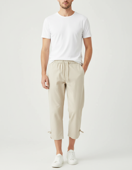 Pantalon Chino Beige Coton Décontracté Cordon Cheville