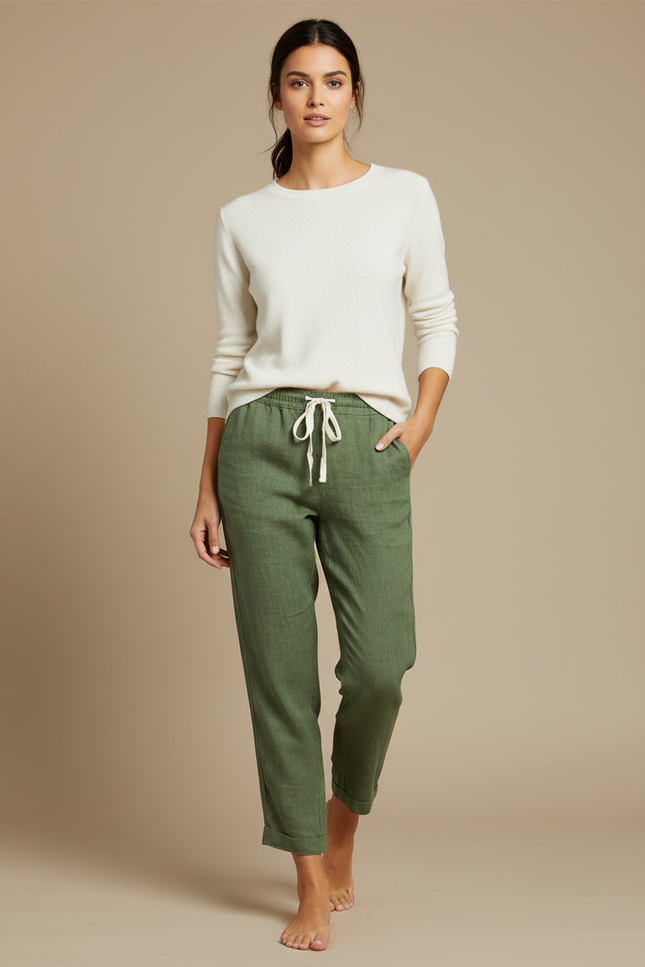 Pantalon Chino Vert Olive Coton Lin Décontracté Femme - Kaki