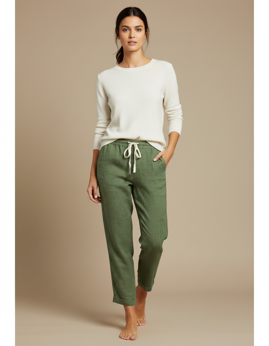 Pantalon Chino Vert Olive Coton Lin Décontracté Femme - Kaki