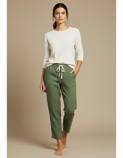 Pantalon Chino Vert Olive Coton Lin Décontracté Femme - Kaki