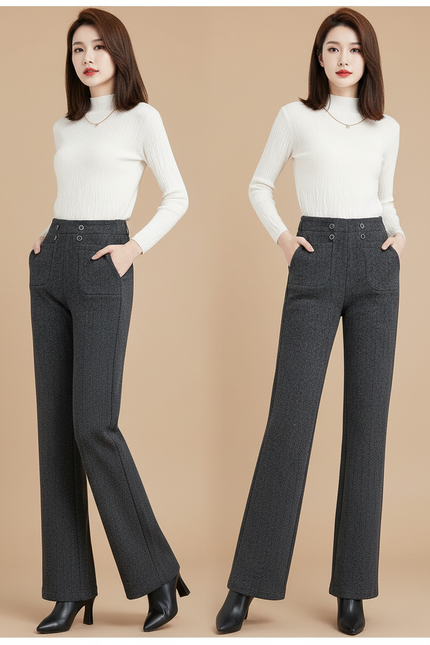 Pantalon Chino Gris Évasé Laine Doublé Hiver Femme