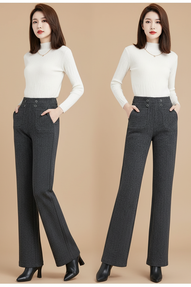 Pantalon Chino Gris Évasé Laine Doublé Hiver Femme
