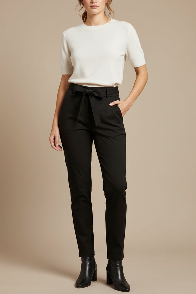 Pantalon Chino Noir Taille Haute Femme Élégant - Gabardine