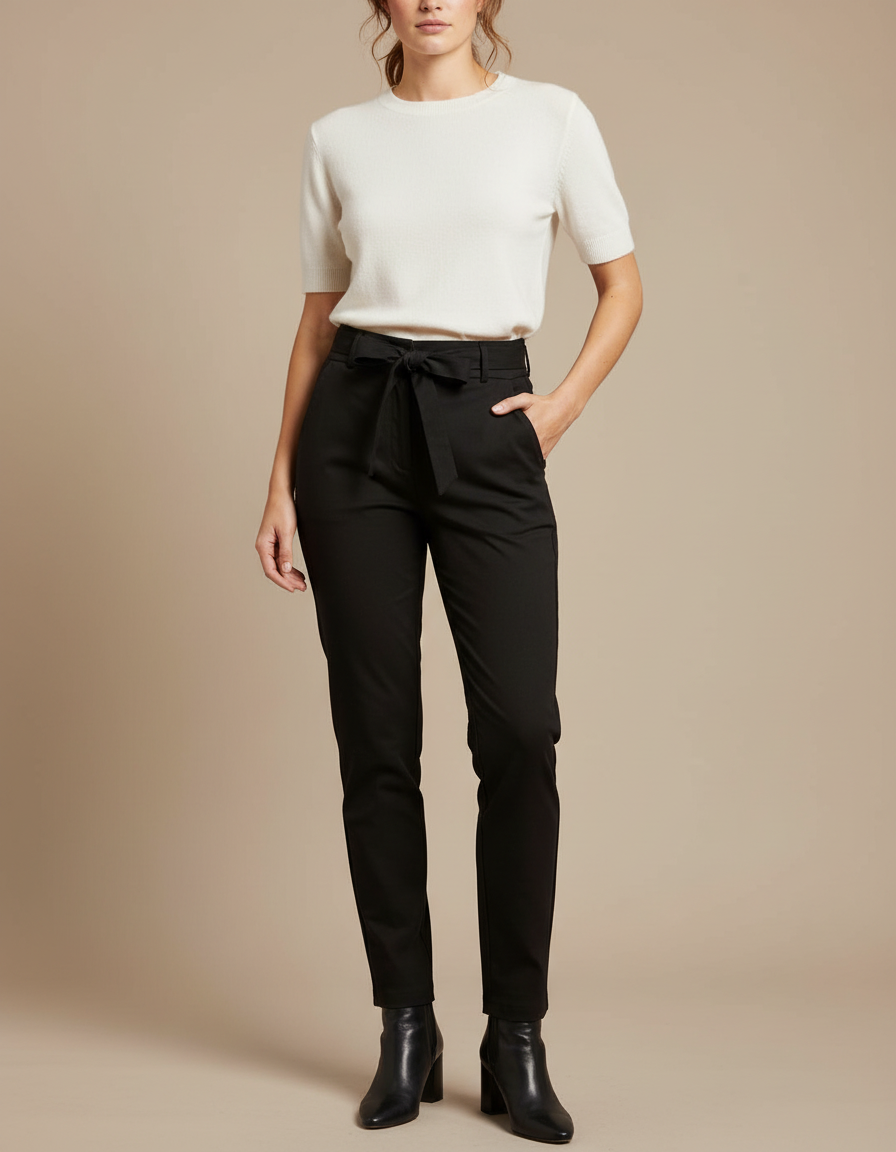 Pantalon Chino Noir Taille Haute Femme Élégant - Gabardine
