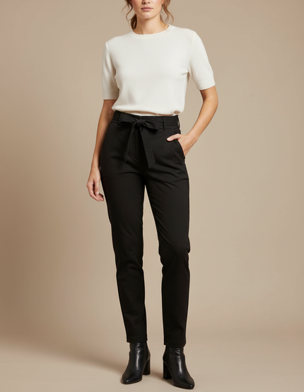 Pantalon Chino Noir Taille Haute Femme Élégant - Gabardine
