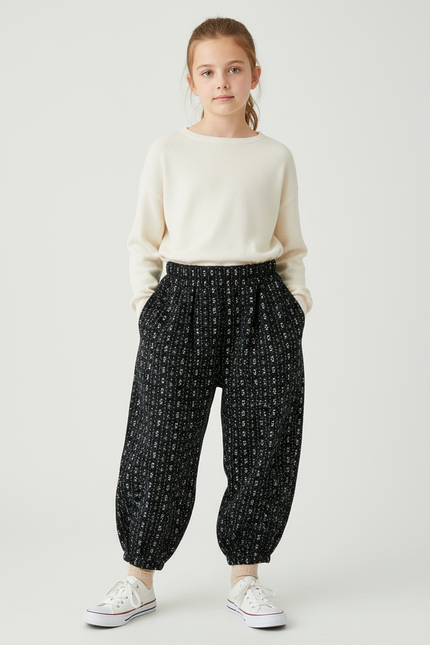 Pantalon Chino Noir Ample Imprimé Floral Fille - Tweed