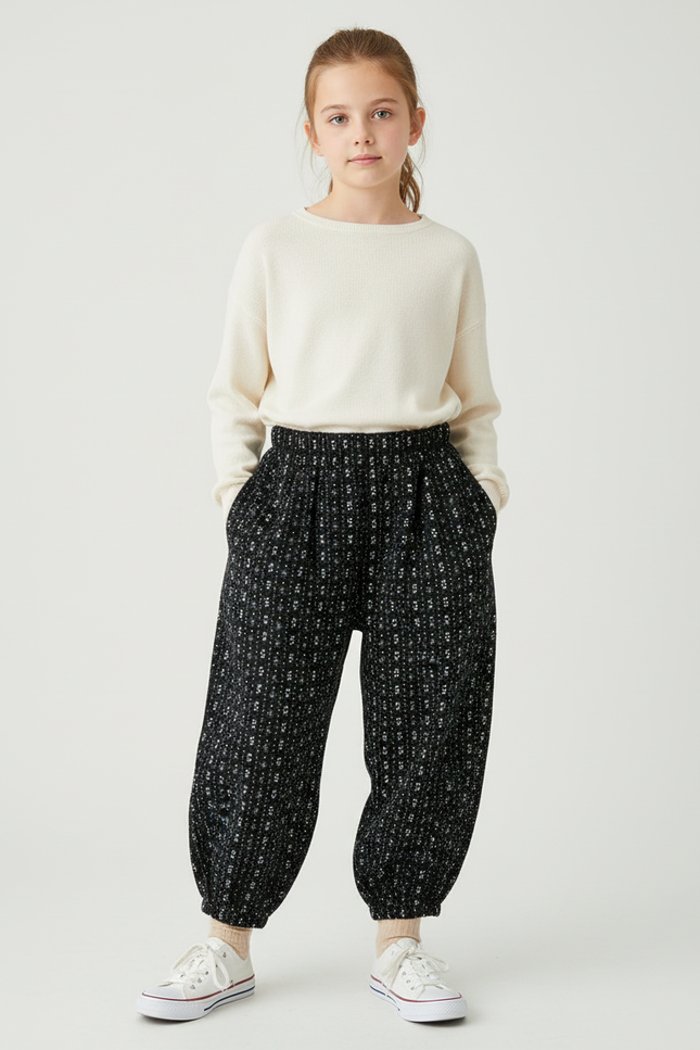 Pantalon Chino Noir Ample Imprimé Floral Fille - Tweed