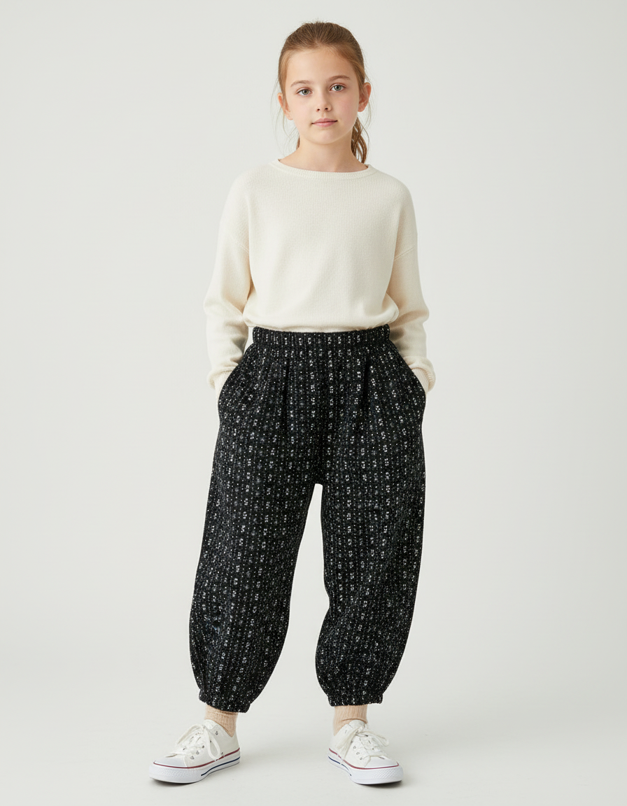 Pantalon Chino Noir Ample Imprimé Floral Fille - Tweed
