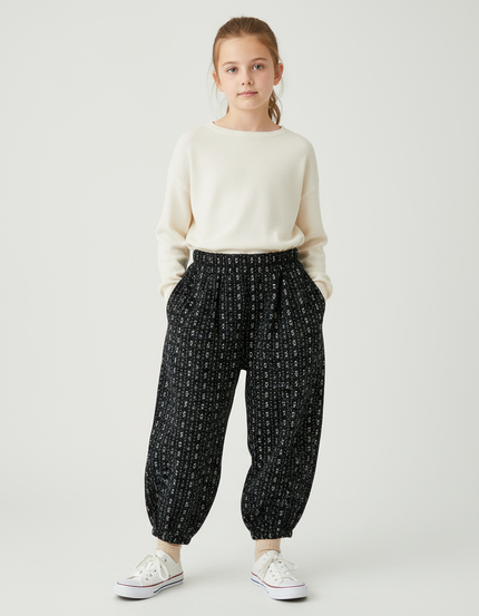 Pantalon Chino Noir Ample Imprimé Floral Fille - Tweed