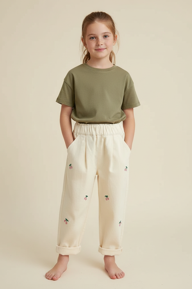 Pantalon Chino Beige Coton Décontracté Brodé Cerises Fille