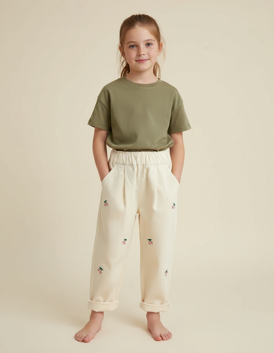 Pantalon Chino Beige Coton Décontracté Brodé Cerises Fille