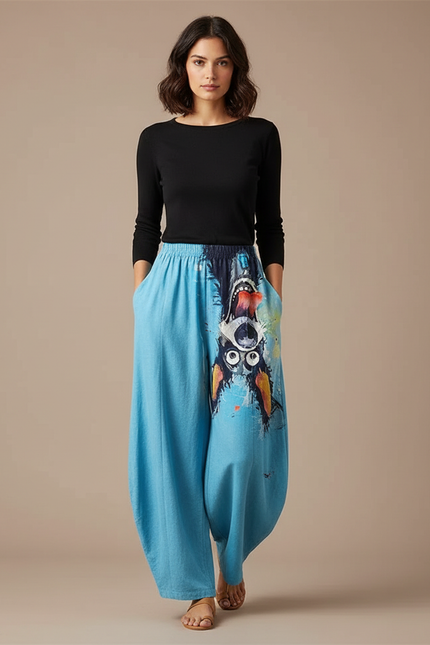 Pantalon Chino Bleu Ample Imprimé Chat Décontracté - Coton