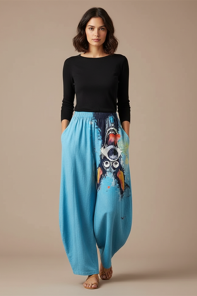 Pantalon Chino Bleu Ample Imprimé Chat Décontracté - Coton