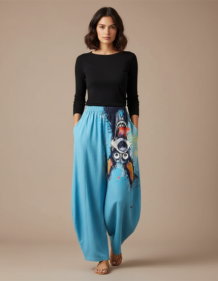 Pantalon Chino Bleu Ample Imprimé Chat Décontracté - Coton