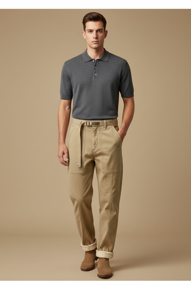 Pantalon Chino Beige Coton Décontracté Ceinturé Homme