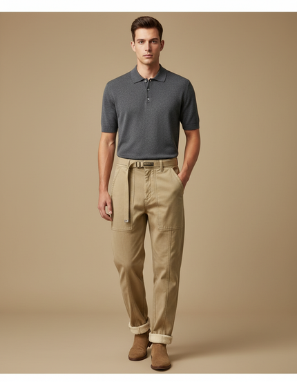 Pantalon Chino Beige Coton Décontracté Ceinturé Homme