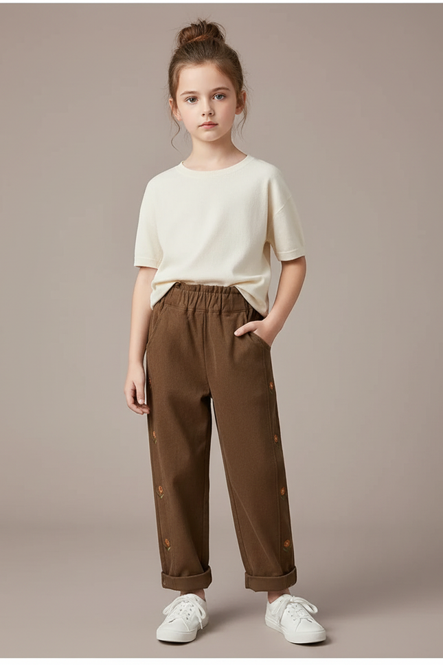 Pantalon Chino Marron Brodé Ample Coton Enfant
