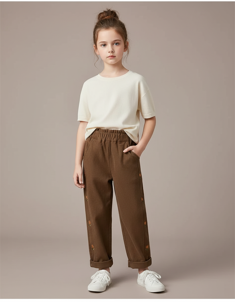 Pantalon Chino Marron Brodé Ample Coton Enfant