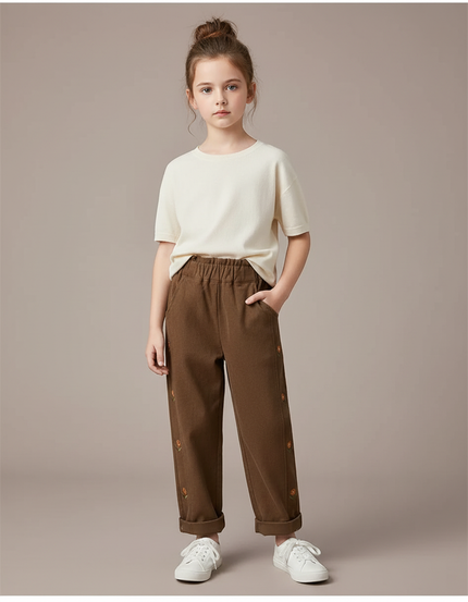 Pantalon Chino Marron Brodé Ample Coton Enfant