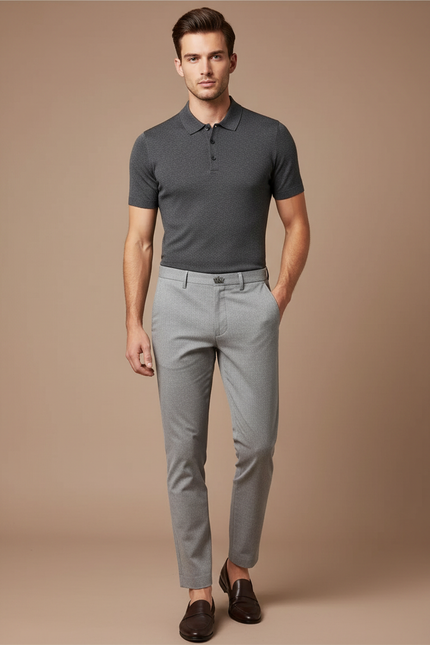 Pantalon Chino Gris Clair Slim Élégant Motif Discret - Gabardine