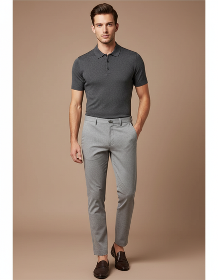 Pantalon Chino Gris Clair Slim Élégant Motif Discret - Gabardine