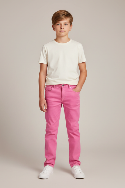 Pantalon Chino Rose Vif Garçon Coton Ajustable Slim