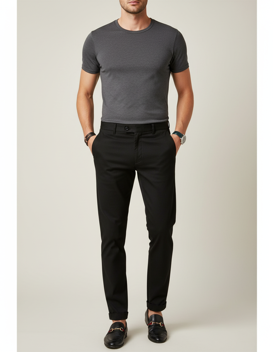 Pantalon Chino Noir Slim Élégant Décontracté Homme - Gabardine