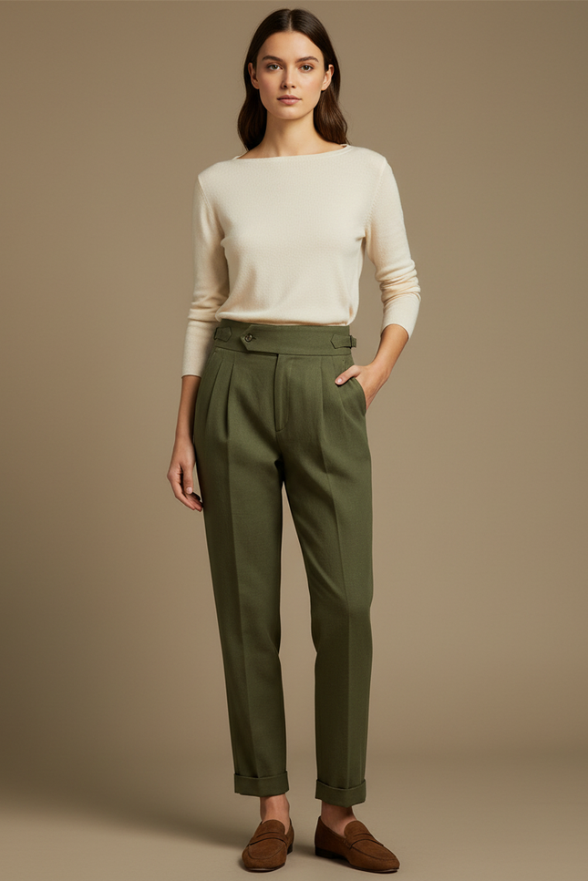 Pantalon Chino Vert Olive Plissé Ample Femme - Kaki Laine