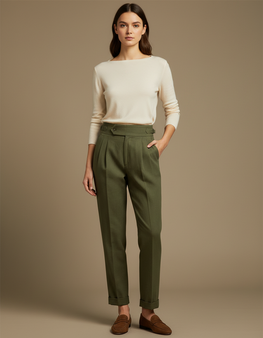 Pantalon Chino Vert Olive Plissé Ample Femme - Kaki Laine