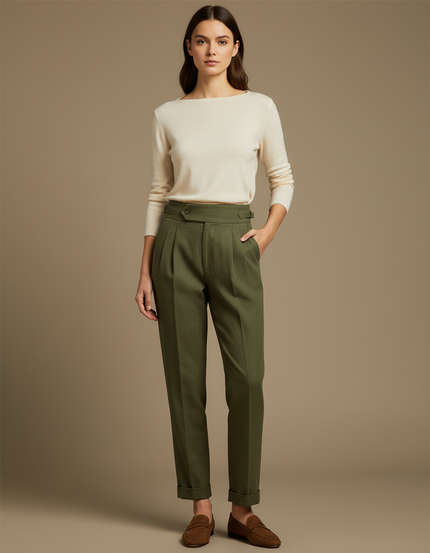 Pantalon Chino Vert Olive Plissé Ample Femme - Kaki Laine