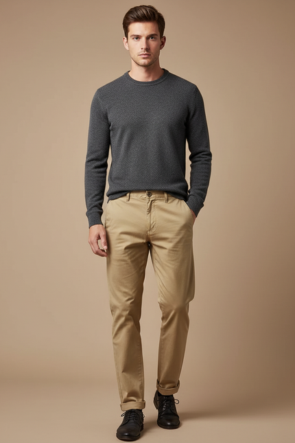 Pantalon Chino Homme Beige Coupe Droite Décontracté - Gabardine
