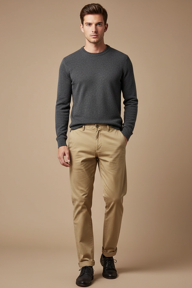 Pantalon Chino Homme Beige Coupe Droite Décontracté - Gabardine